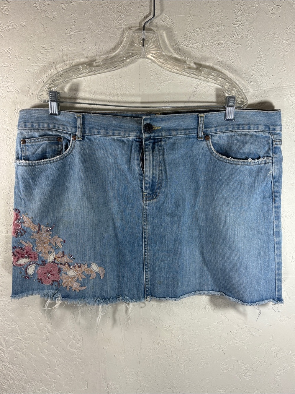 Old Navy Light Blue Denim Mini Skirt with Pink & Cream Floral Embroidery